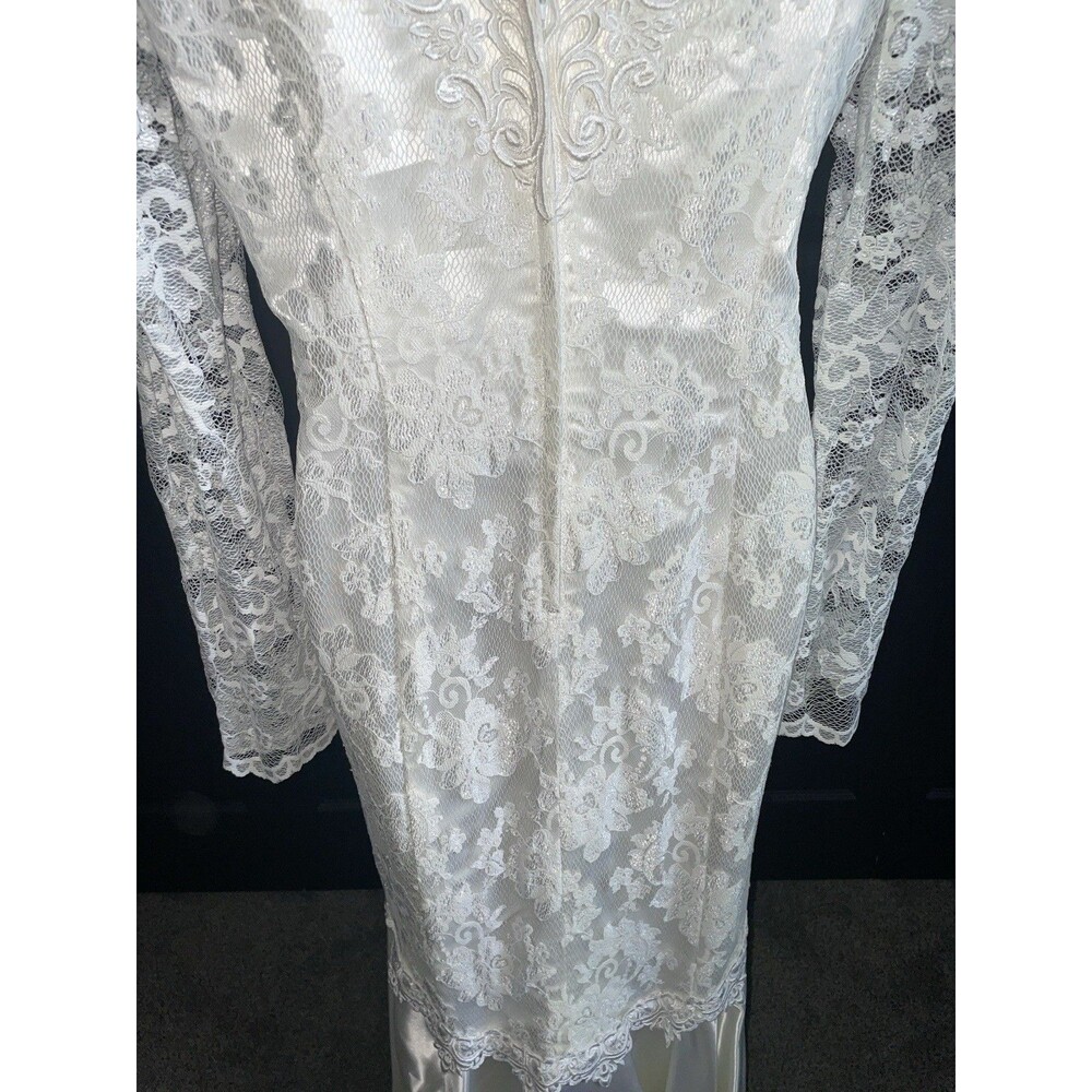 Vintage 80s Lace Wedding Dress Long Sleeve High Neck Pearl Mermaid Gown - Picture 9 of 12